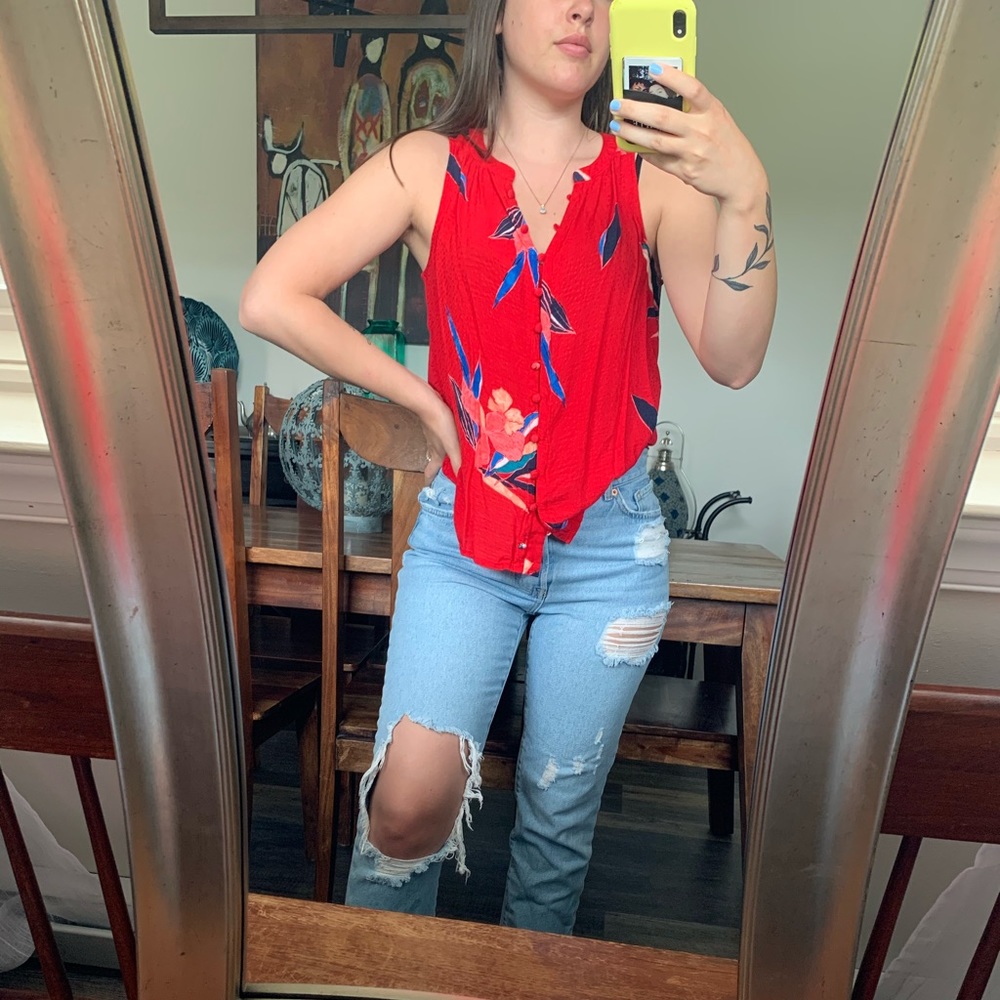 Red Floral Button Up Tank Top